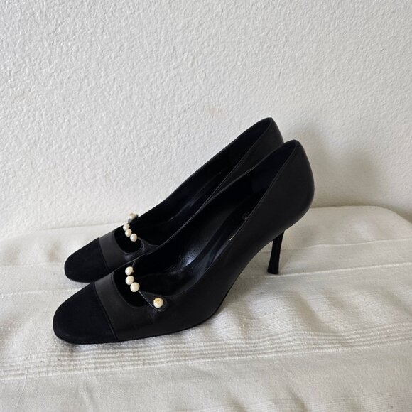 Vintage Chanel Pearl Cap Toe Velvet Stiletto Heels Pumps Black - Picture 9 of 16